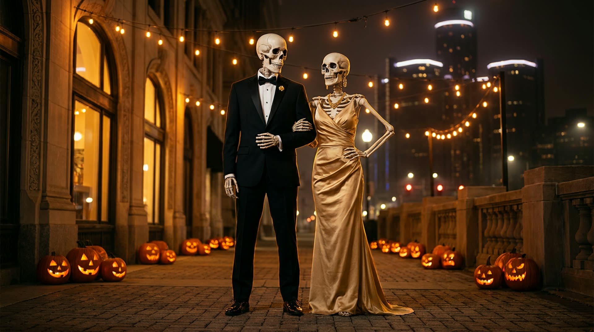 Two elegantly dressed skeletons, one in a black tuxedo and one in a gold evening gown, arm in arm on a downtown Detroit street on Halloween night